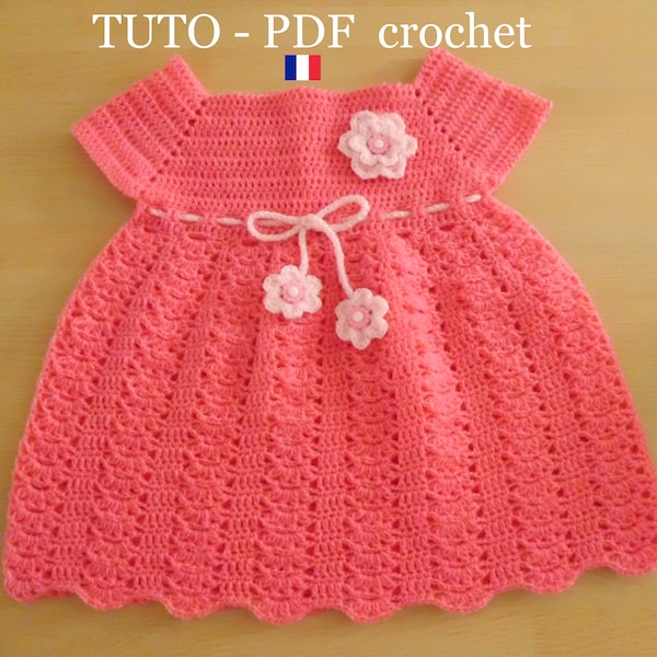 PDF CROCHET - Robe bébé rose , orné d'un joli point fantaisie et de 3 fleurs rose poudré , de 1 à 3 mois , Tuto en FRANCAIS !