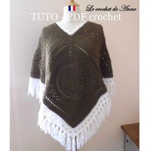 May include: A green crochet poncho with white fringe trim. The poncho has a circular design in the centre and a V-neck. The text "TUTO - PDF crochet" is visible at the top of the image.