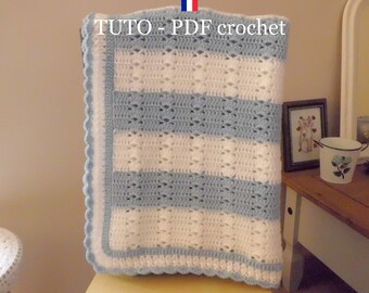 PDF CROCHET - White and blue plaid with pretty fancy stitches adorned with a lace border, easy to make, Tutorial in FRENCH!