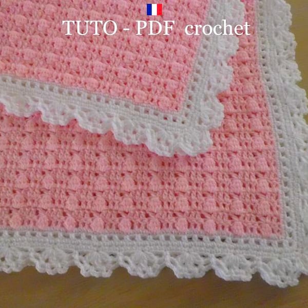 PDF CROCHET - Couverture bébé en rose , orné d'une belle bordure dentelle blanche , facile à réaliser , Tuto en FRANCAIS !