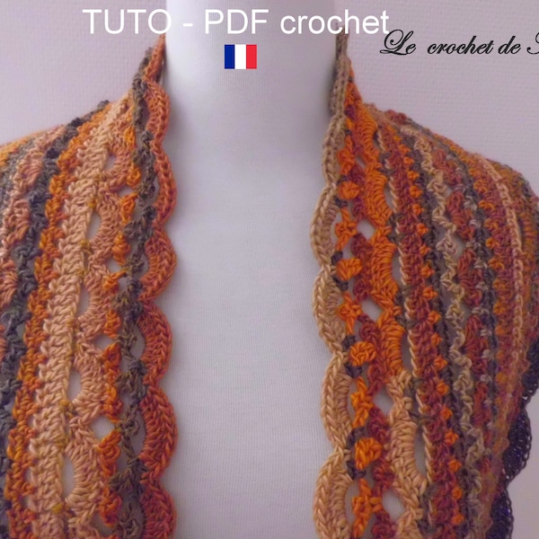 PDF CROCHET - Snood circulaire 2 tours  , aux rangs colorés aux jolis motifs dentelle , facile à réaliser , Tuto en FRANCAIS !