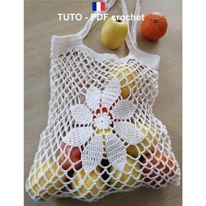 PDF CROCHET Sac filet orné d'une fleur aux 8 pétales, Sac zéro déchet et réutilisable, facile à réaliser Tuto en Français et en Anglais imagen 1