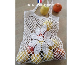 PDF CROCHET - Sac filet orné d'une fleur aux 8 pétales, Sac zéro déchet et réutilisable, facile à réaliser Tuto en Français et en Anglais !