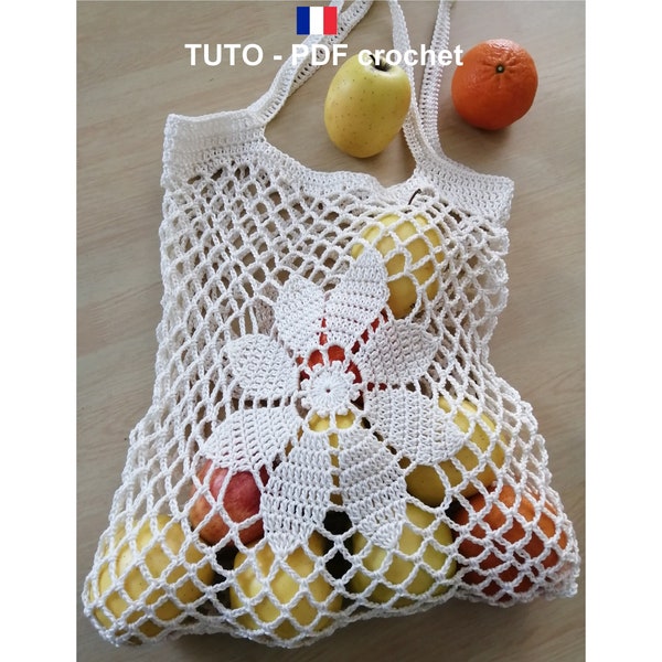 PDF CROCHET - Sac filet orné d'une fleur aux 8 pétales, Sac zéro déchet et réutilisable, facile à réaliser Tuto en Français et en Anglais !