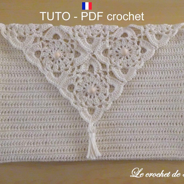 PDF CROCHET - Pochette orné d'un joli rabat , Pochette dentelle, Pochette pour ranger votre tablette , facile à réaliser, Tuto en Français !