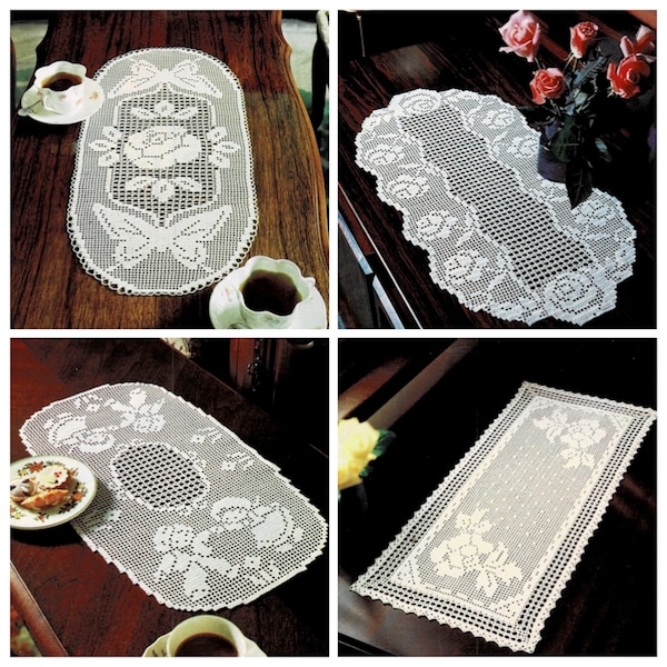 Modèle 4 CHEMINS de TABLE, Filet de brides, Papillon Roses, Déco maison dentelle, Tuto et grilles en Français, PDF crochet Vintage Français