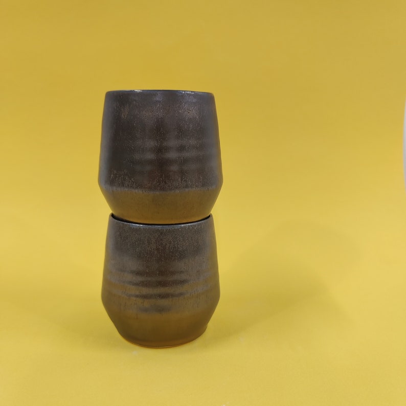 Angled Ceramic Tumbler Pottery, cup, stoneware, handmade, coffee, tea, white, gold, brass Bronze