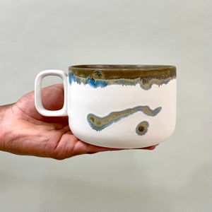 Oversized Ceramic Mug White/Blue Pottery, cup, stoneware, handmade, coffee, matte image 4