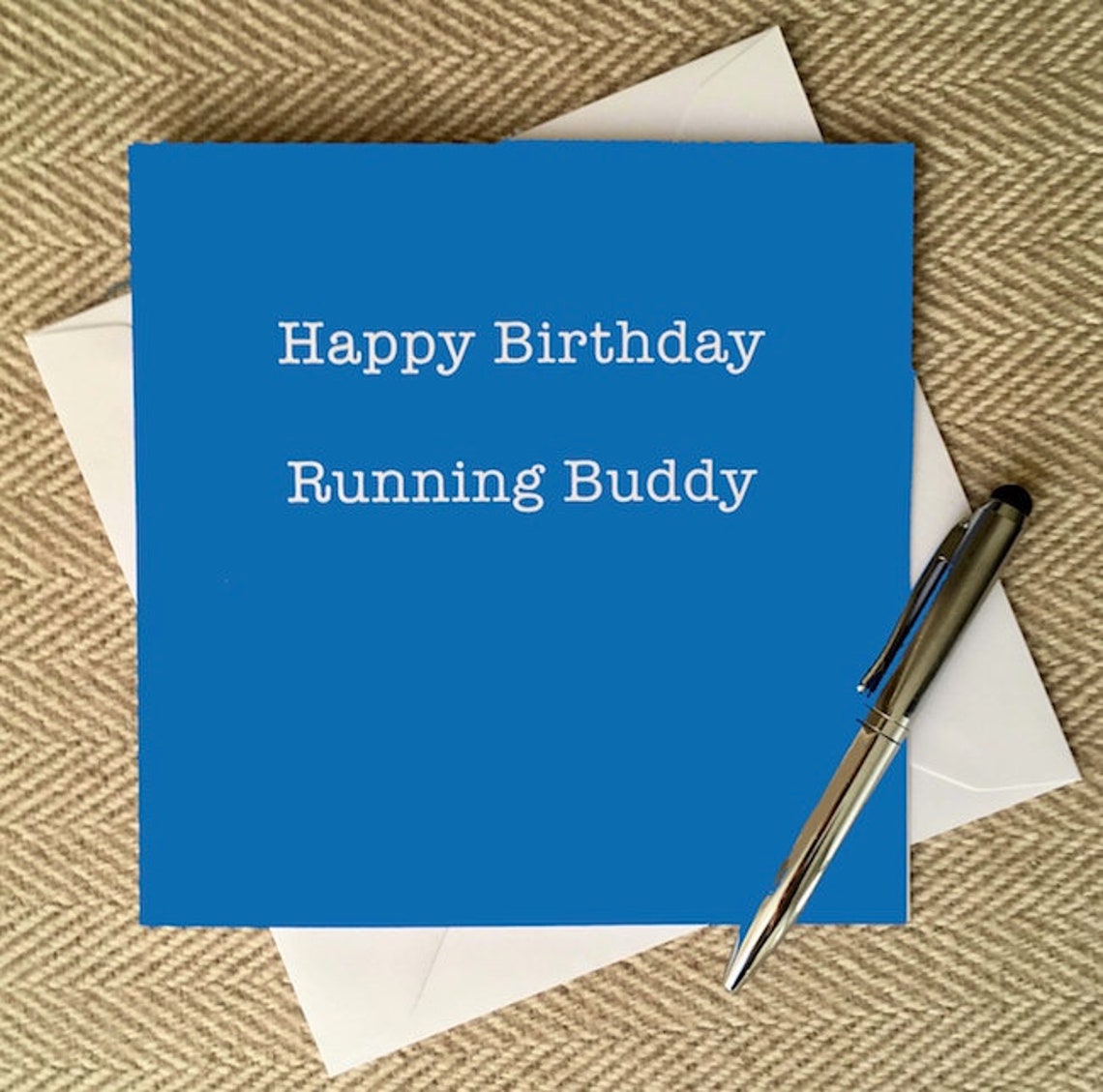 Happy Birthday Running Buddy blue Greetings Card for Runners / Running