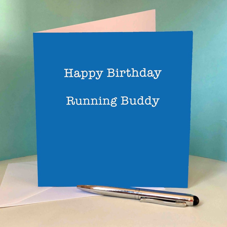 Happy Birthday Running Buddy Blue Greetings Card for Runners / Running Friend image 1