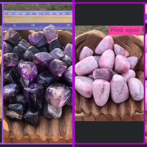 May include: Two bowls of tumbled stones, one bowl contains amethyst stones and the other bowl contains pink opal stones.