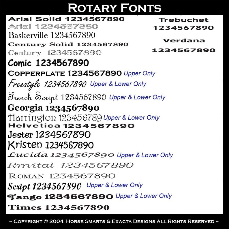 Engraving fonts for our horse saddle nameplates.