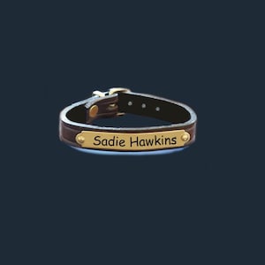 May include: A brown leather dog collar with a gold-colored buckle and nameplate. The nameplate reads "Sadie Hawkins" in a simple, sans-serif font. The collar is dark brown and has a classic design.