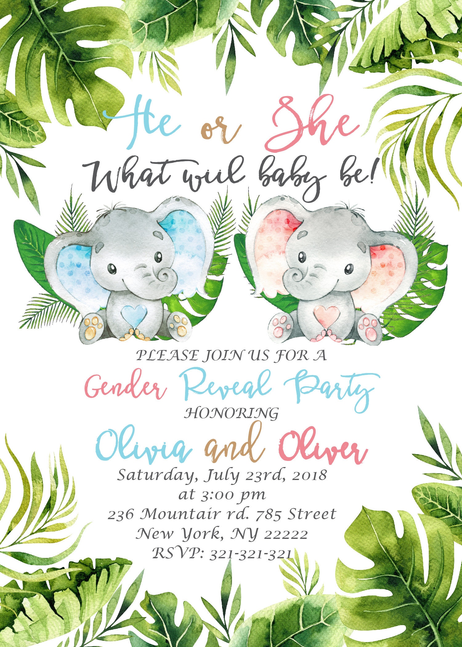 Elephant Gender Reveal Invitation Elephant Baby Shower Etsy