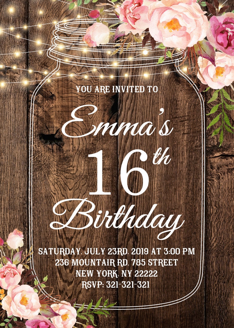 Mason Jar Sweet 16 Birthday Invitation Floral Sweet Sixteen Etsy