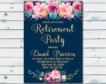 Rustic Retirement Invitation, Navy Retirement Party Invitation, Floral Printable Invite, Boho chic invite, Retiring Surprise Invitation 1030