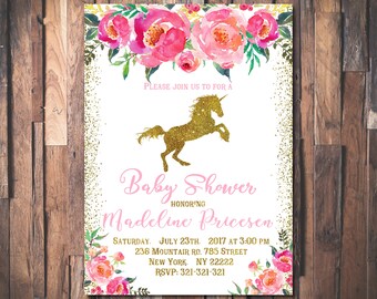Unicorn Baby Shower Invitations, Oh Baby Shower Invitation. Floral Glitter Baby Shower. Pink & Gold Baby Shower Invitations 1021