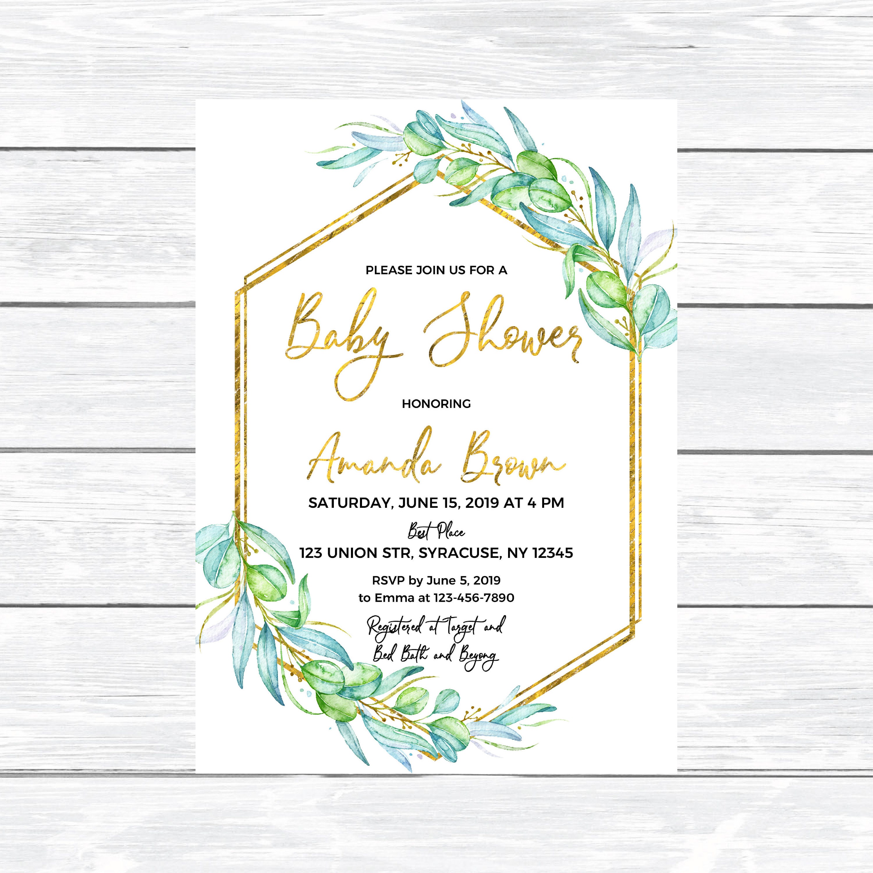 Gold Geometric Baby Shower Invitation Greenery Baby Shower Etsy
