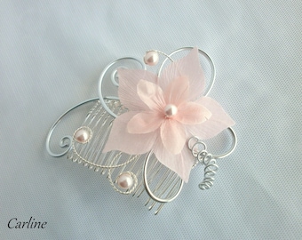 Hair comb pink pale bridal flower silk - Cole-