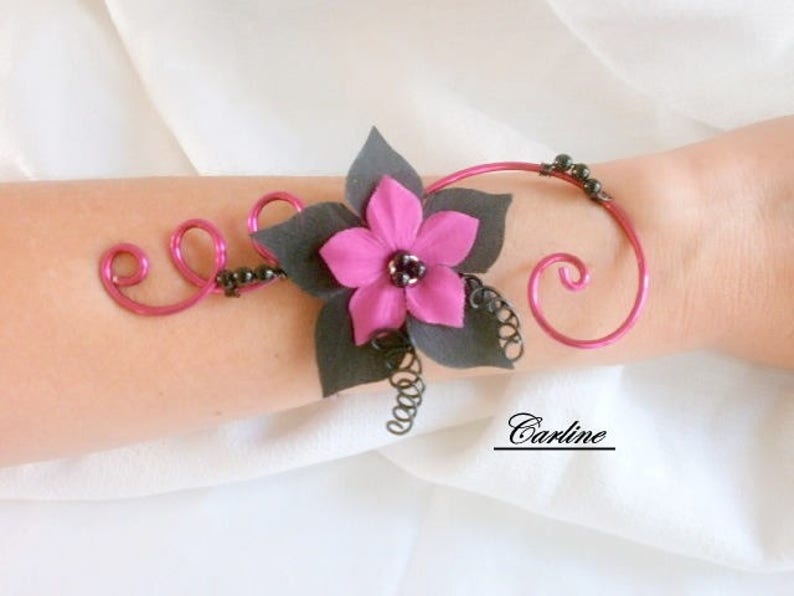 Laura-black Fuchsia silk flower wedding jewelry Set