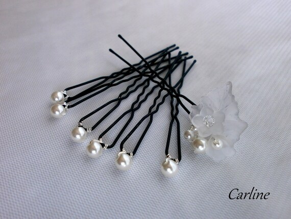 Pins wedding hair white bridal hair wedding flowers and pearls metal leaves Charlie-