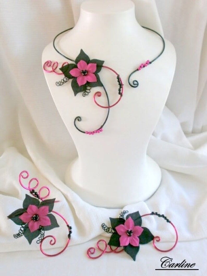 Laura-black Fuchsia silk flower wedding jewelry Set