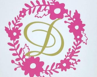 Initial Decal/Flower Initial Decal/Monogram Decal/Flower Wreath Decal/Initial Vinyl Sticker/Yeti Decal/Car Decal/Laptop Decal