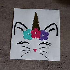 Cat Unicorn Decal/Caticorn Decal/Cat face with flowers Decal/Car Decal/Yeti Decal/Mug Decal/Laptop Decal/Lunchbox Decal/Pencil box Decal