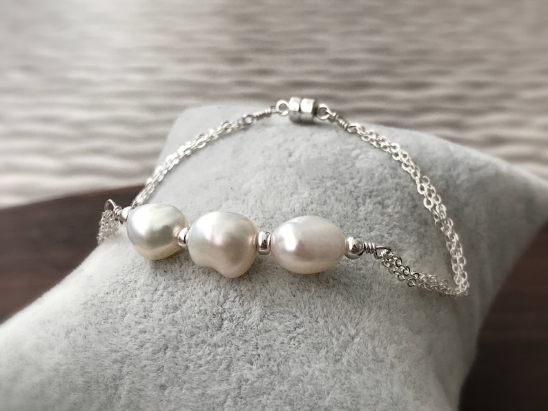 Three Pearl Bracelet Pearl Bracelet Wedding Bracelet Sterling Silver 925 white pearl Freshwater pearl bracelet
