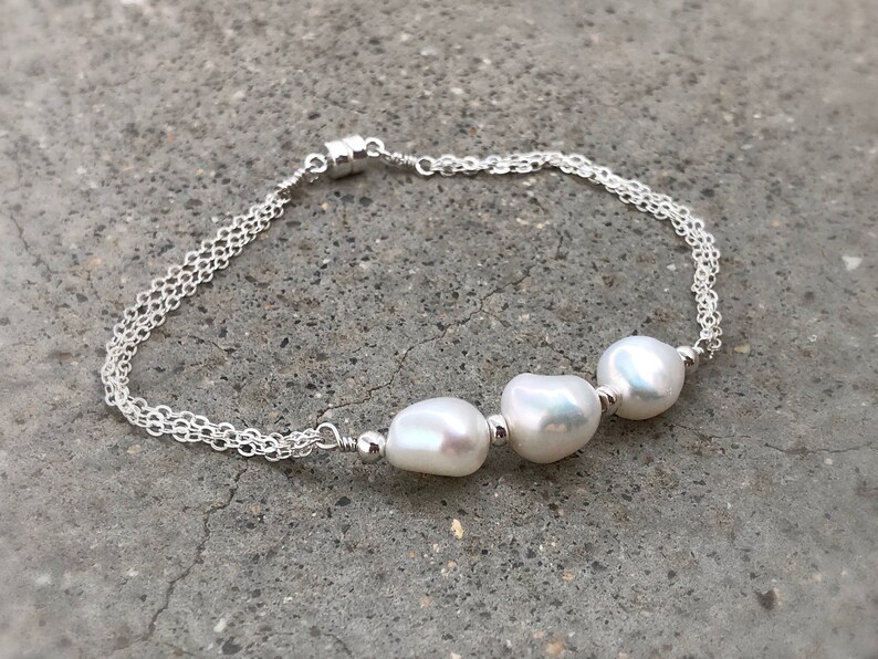 Three Pearl Bracelet Pearl Bracelet Wedding Bracelet Sterling Silver 925 white pearl Freshwater pearl bracelet