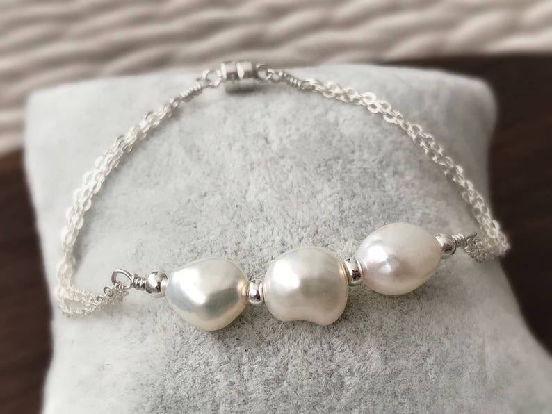Three Pearl Bracelet Pearl Bracelet Wedding Bracelet Sterling Silver 925 white pearl Freshwater pearl bracelet