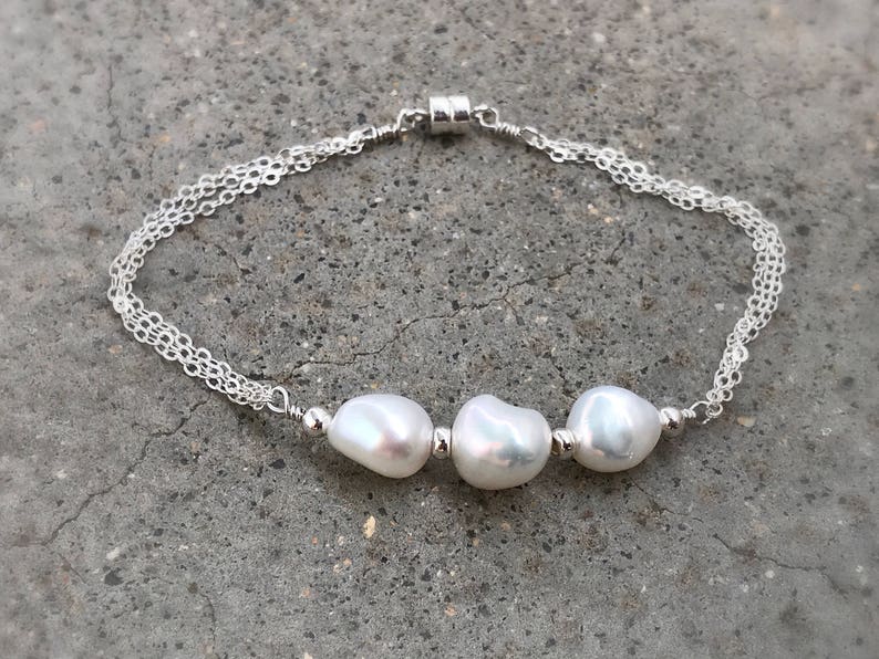 Three Pearl Bracelet Pearl Bracelet Wedding Bracelet Sterling Silver 925 white pearl Freshwater pearl bracelet
