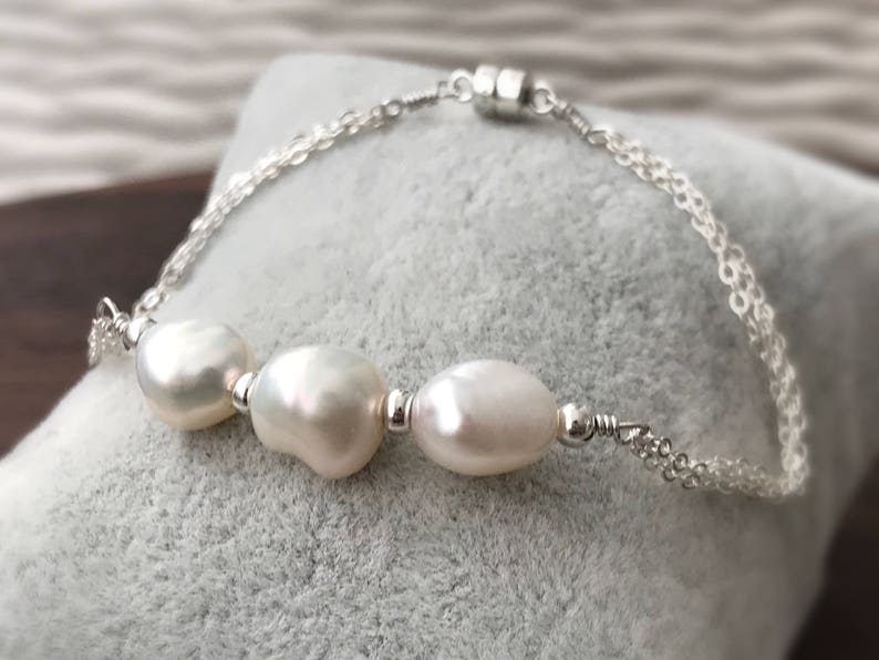 Three Pearl Bracelet Pearl Bracelet Wedding Bracelet Sterling Silver 925 white pearl Freshwater pearl bracelet