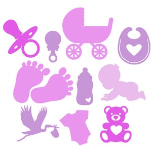 May include: A collection of pink baby-themed illustrations on a white background. The image includes a pacifier, rattle, baby carriage, bib, footprints, baby bottle, crawling baby, stork carrying a bundle, onesie, and a teddy bear.