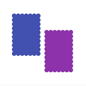 May include: Two rectangular shapes with scalloped edges. One is a deep blue, the other is a vibrant purple. Both shapes are set against a clean white background, creating a simple, graphic design.