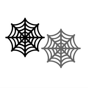 Könnte beinhalten: Zwei Spinnennetz-Illustrationen mit symmetrischem, radialem Design. Ein Netz ist einfarbig schwarz, das andere einfarbig grau. Beide Netze bestehen aus einem Mittelpunkt mit strahlenförmigen Linien, die durch konzentrische, geschwungene Segmente verbunden sind.