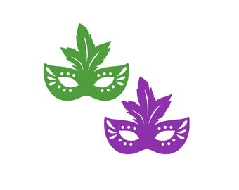 May include: Two masquerade masks, one green and one purple, with feathers on top.