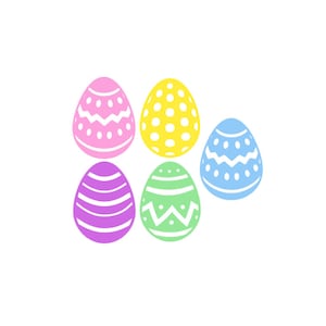 May include: Six decorative Easter eggs in a variety of colours. The eggs are pink, yellow, blue, purple, and green, each with a different pattern. Designs include polka dots, zigzags, and stripes, perfect for Easter.