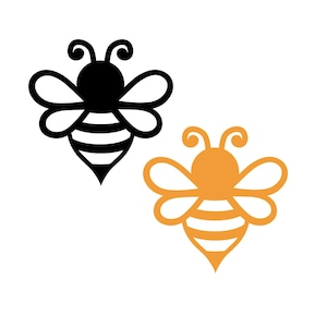 May include: Two bee illustrations, one black and one orange, with striped bodies and wings. Both bees have antennae and are facing forward.