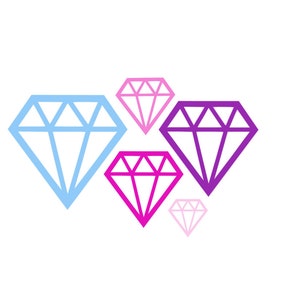 May include: Five outlined diamond shapes in different sizes. The largest diamond is light blue, the next largest is purple, the next is pink, and the two smallest are pink.