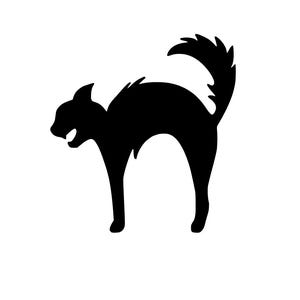May include: Black silhouette of a cat with its back arched and tail raised, as if hissing.