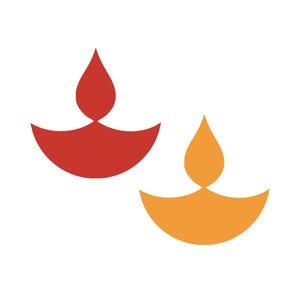 Könnte beinhalten: Zwei Diya-Lampen, eine rote und eine orange, sind vor einem weißen Hintergrund abgebildet. Die Diya-Lampen sind traditionelle indische Öllampen.