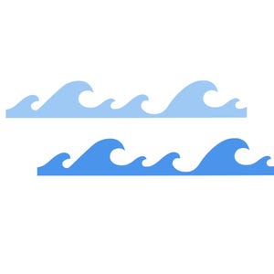 May include: Two rows of stylized ocean waves in shades of blue. The top row is a lighter blue, while the bottom row is a darker blue. The waves are simple, graphic representations of ocean waves.