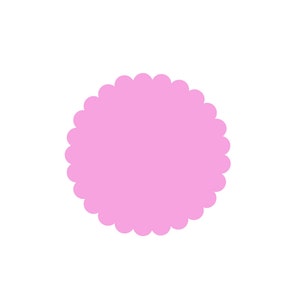 May include: A pink scalloped circle against a white background.