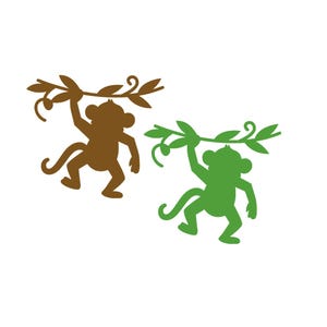 Könnte beinhalten: Zwei flache, ausgestanzte Affensilhouetten, eine in Braun und eine in Grün. Jeder Affe ist hängend an einem beblätterten Zweig mit geringeltem Schwanz dargestellt. Die Designs sind einfache, einfarbige Formen mit klaren Umrissen der Tiere.