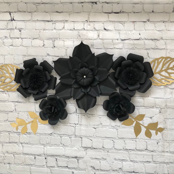Schwarze Papierblumen - 5er Set - Wandblumen Hintergrund schwarze Blumen Halloween-Dekor schwarze Dekorationen Halloween-Wand-Dekor