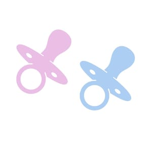 May include: Two pacifiers, one pink and one blue, are shown against a white background. The pacifiers are a common baby item.