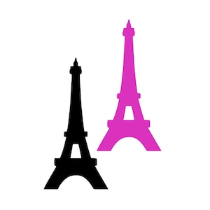 May include: Two Eiffel Tower silhouettes, one black and one pink. The pink tower is slightly larger than the black tower.