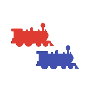 Peut inclure: Deux silhouettes de trains jouets, l'une rouge et l'autre bleue. Les deux trains ont un avant arrondi et une cheminée sur le dessus.