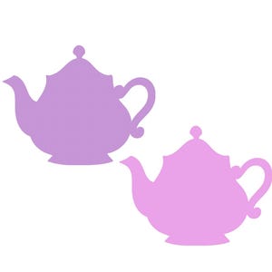 May include: Two teapot silhouettes in shades of purple and pink are displayed against a white background. The teapots have a classic design with a spout, handle, and lid. The image is a simple, graphic illustration.